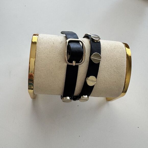 Express Black Faux Leather Bracelet Double Gold Screw Stud Wrap Belt Buckle NEW - Picture 1 of 4